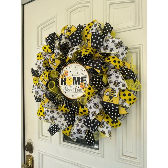 Home Sweet Home Honey Bee Ribbon & Deco Mesh Spring Summer Front Door Wreath - Picture 6 of 8